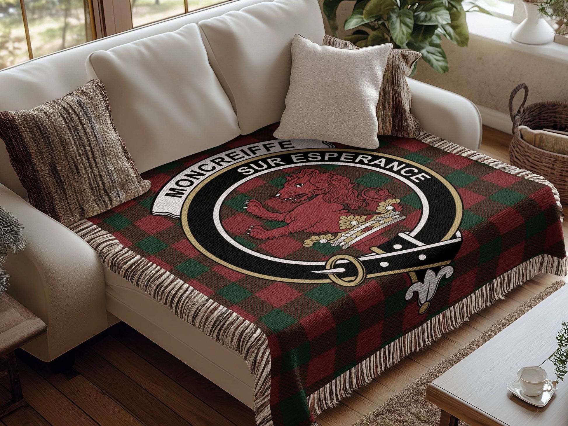Moncreiffe Clan Crest Tartan Scottish Heritage Woven Blanket - Celtic Ancestry Gifts