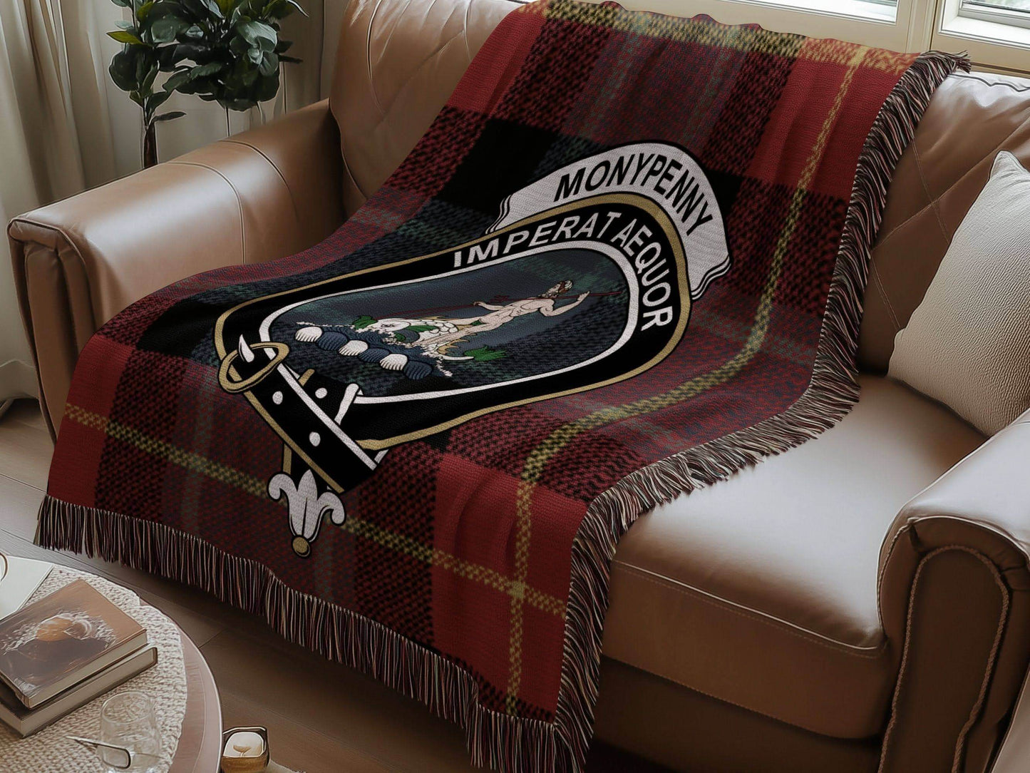 Moneypenny Clan Crest Tartan Scottish Woven Blanket - Celtic Ancestry Gifts