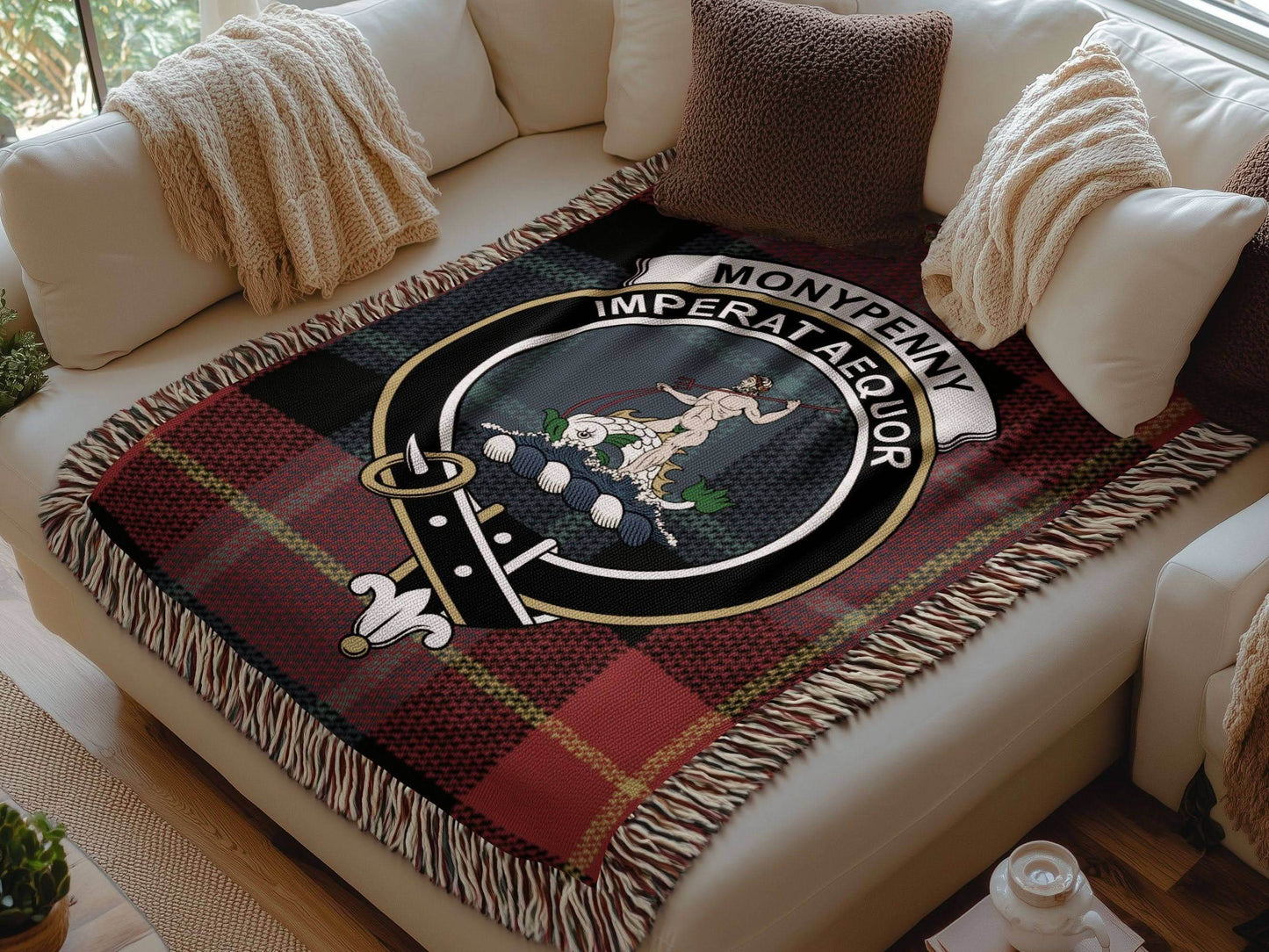 Moneypenny Clan Crest Tartan Scottish Woven Blanket - Celtic Ancestry Gifts