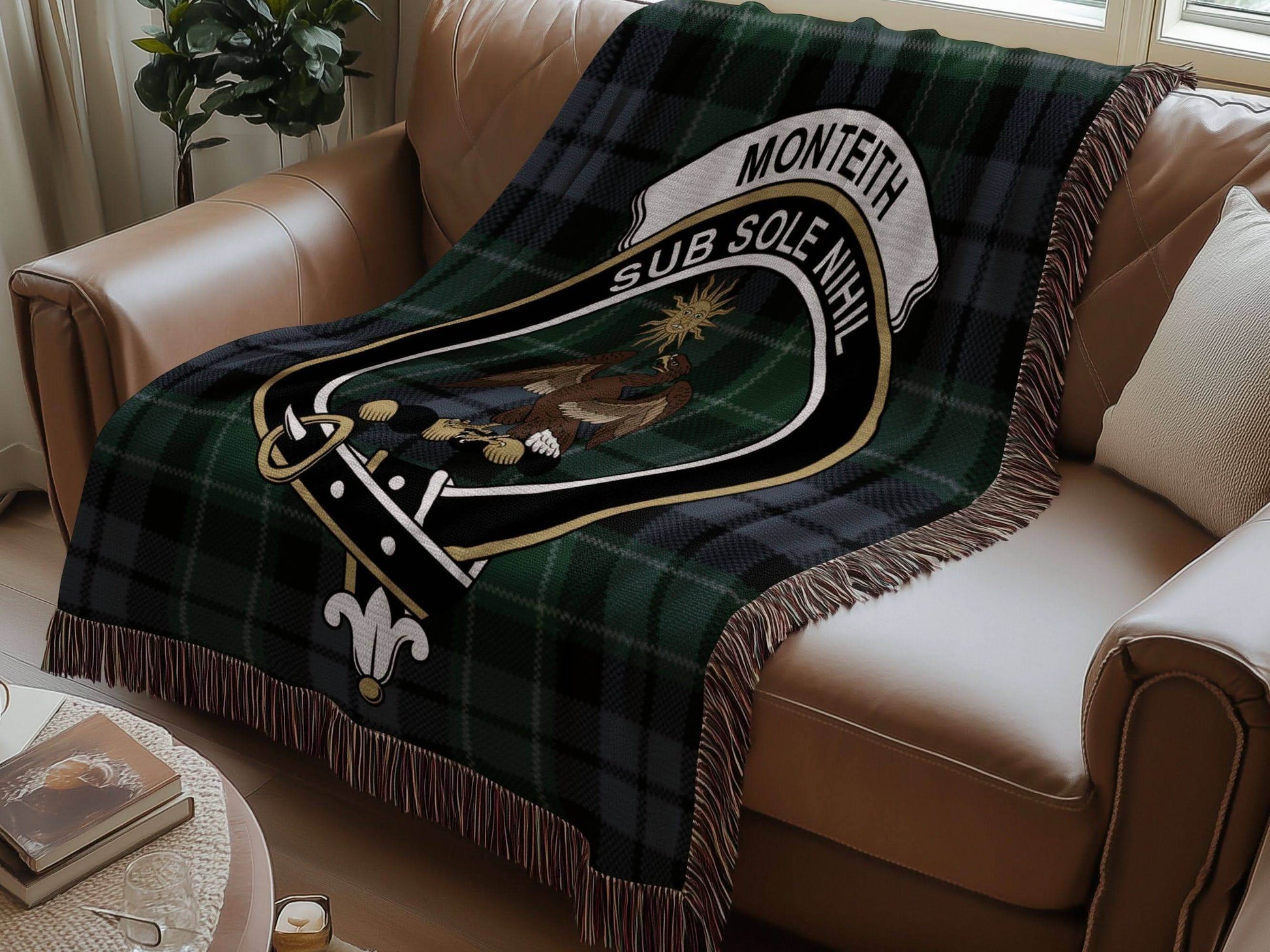Monteith Clan Crest Tartan Scottish Woven Blanket - Celtic Ancestry Gifts