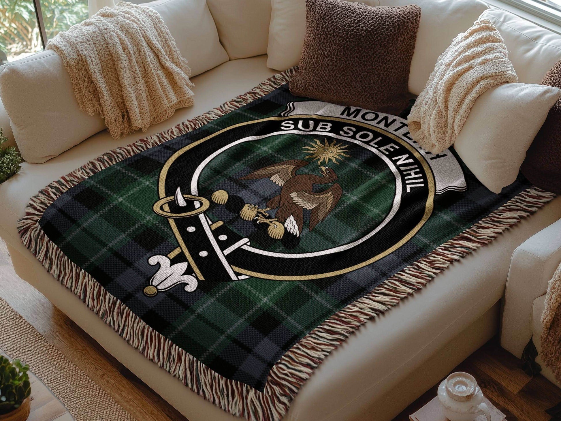 Monteith Clan Crest Tartan Scottish Woven Blanket - Celtic Ancestry Gifts