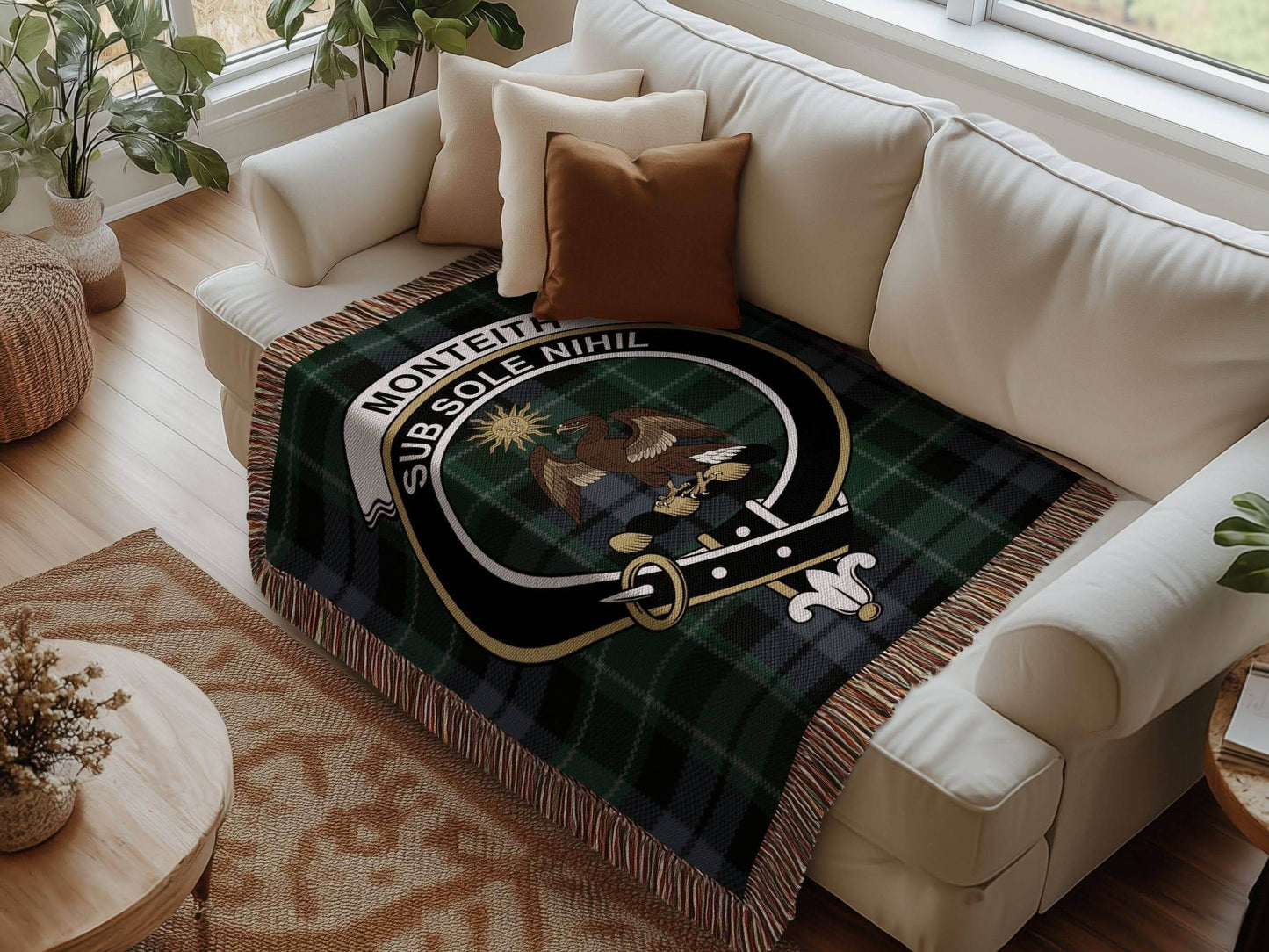 Monteith Clan Crest Tartan Scottish Woven Blanket - Celtic Ancestry Gifts