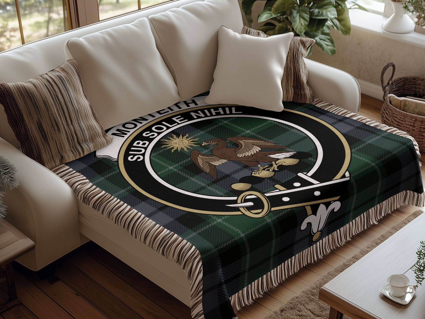 Monteith Clan Crest Tartan Scottish Woven Blanket - Celtic Ancestry Gifts