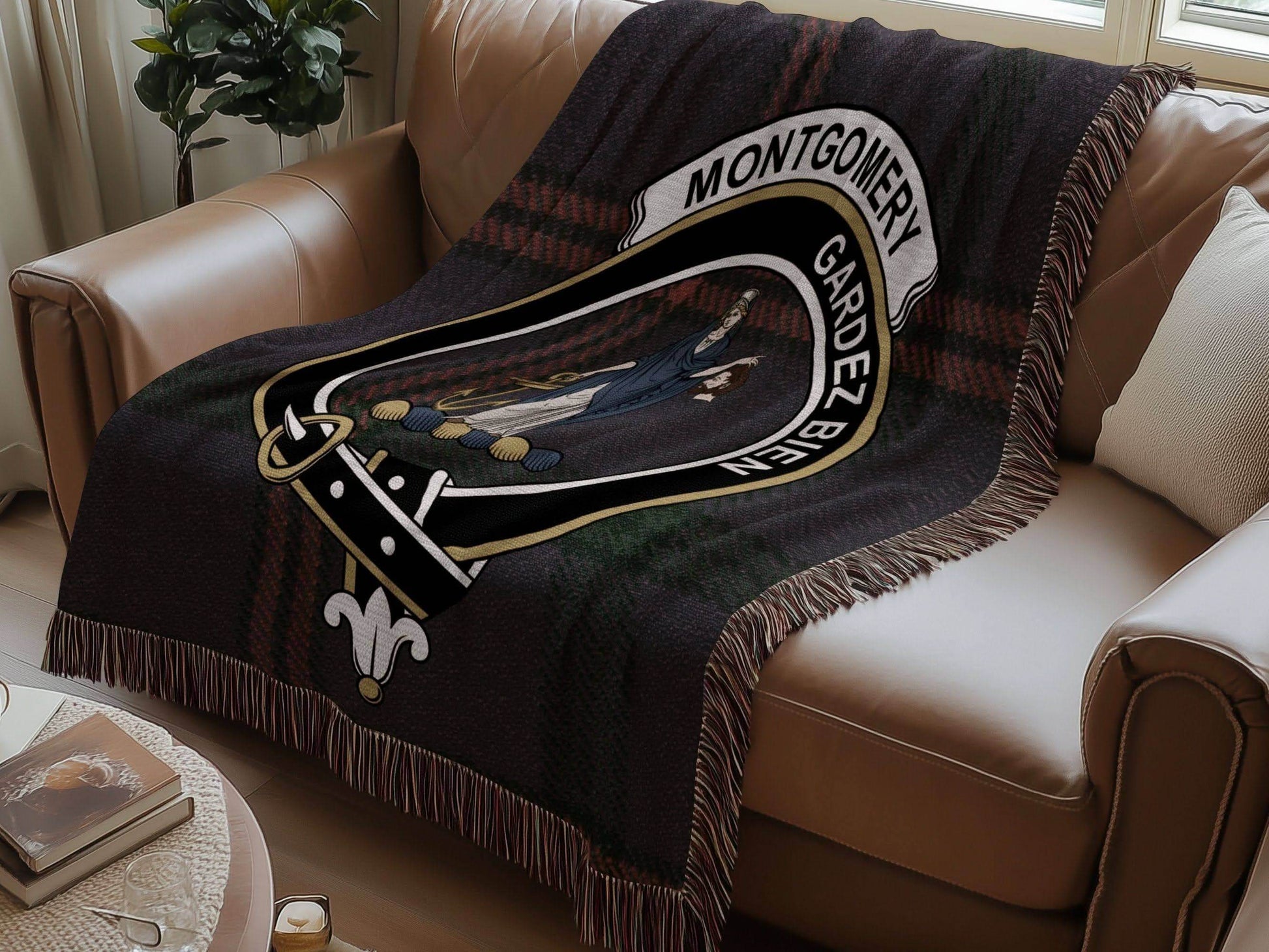 Montgomery Clan Crest Tartan Scottish Woven Blanket - Celtic Ancestry Gifts