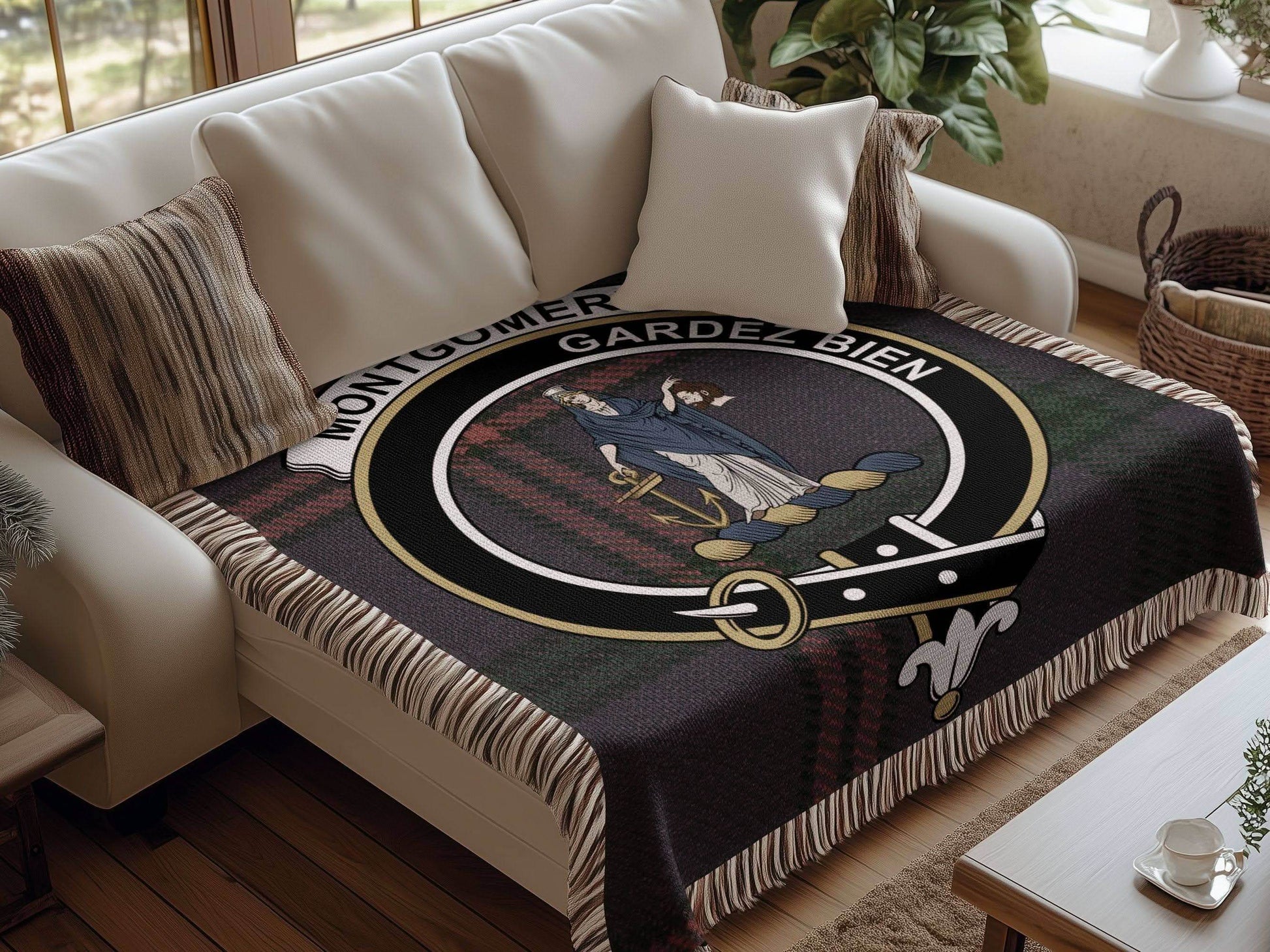 Montgomery Clan Crest Tartan Scottish Woven Blanket - Celtic Ancestry Gifts