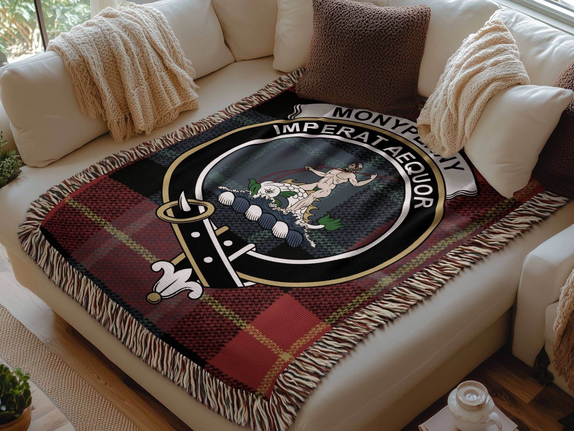 Monypenny Clan Crest Tartan Scottish Woven Blanket - Celtic Ancestry Gifts