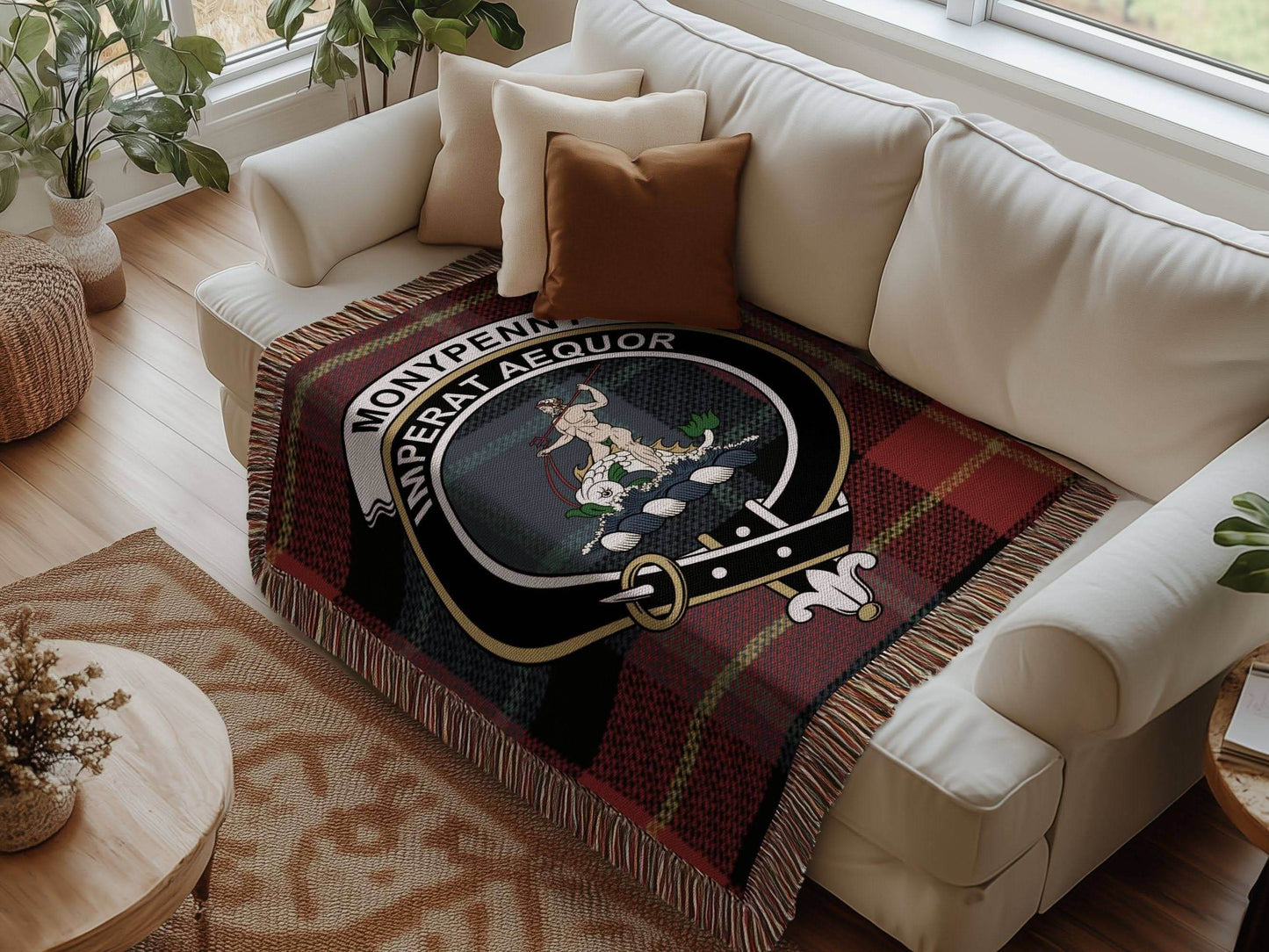 Monypenny Clan Crest Tartan Scottish Woven Blanket - Celtic Ancestry Gifts