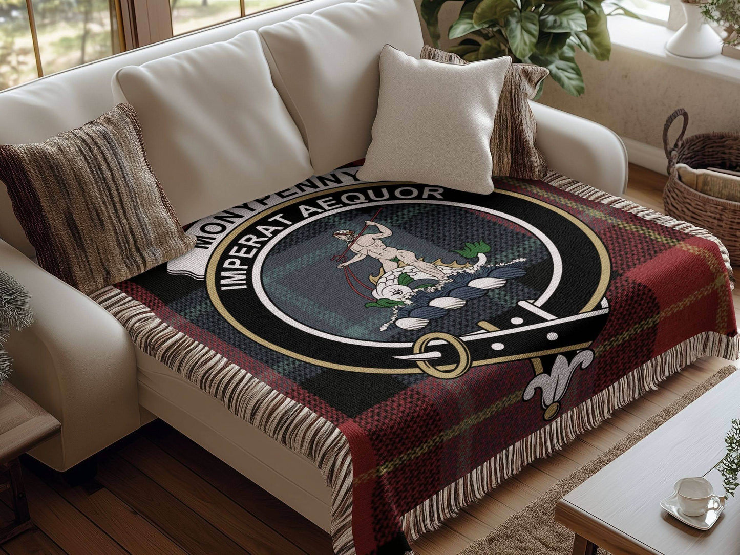Monypenny Clan Crest Tartan Scottish Woven Blanket - Celtic Ancestry Gifts