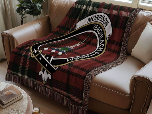 Morrison Clan Crest Tartan Scottish Woven Blanket - Celtic Ancestry Gifts