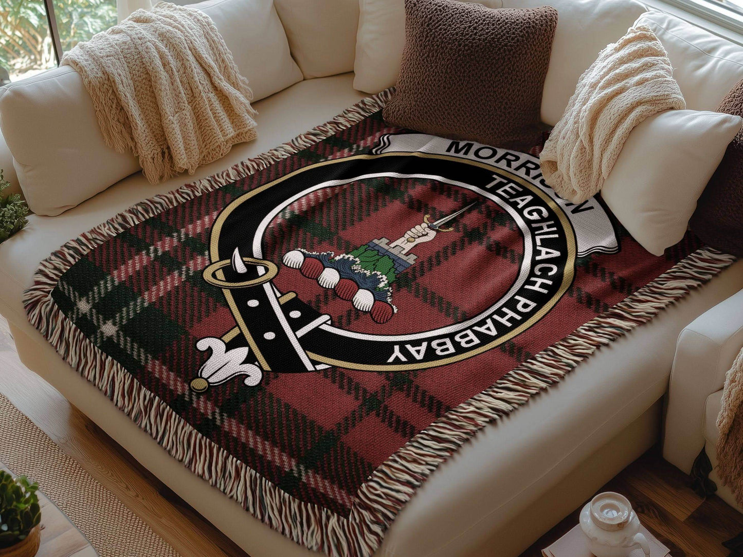 Morrison Clan Crest Tartan Scottish Woven Blanket - Celtic Ancestry Gifts