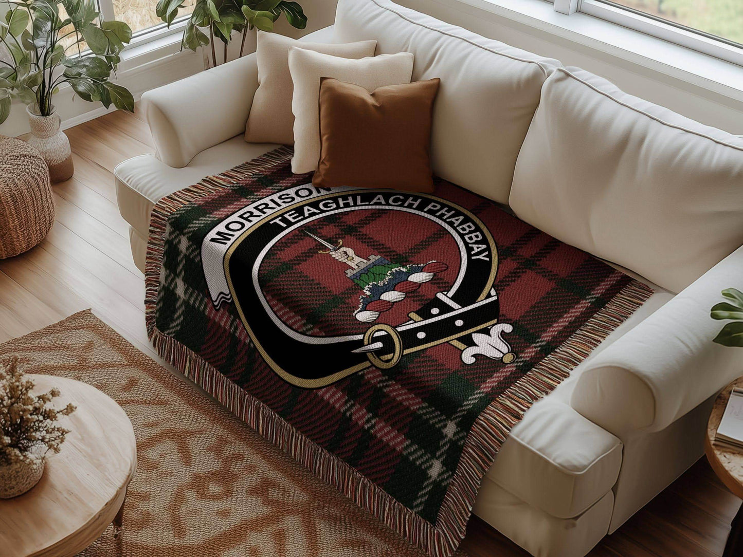 Morrison Clan Crest Tartan Scottish Woven Blanket - Celtic Ancestry Gifts