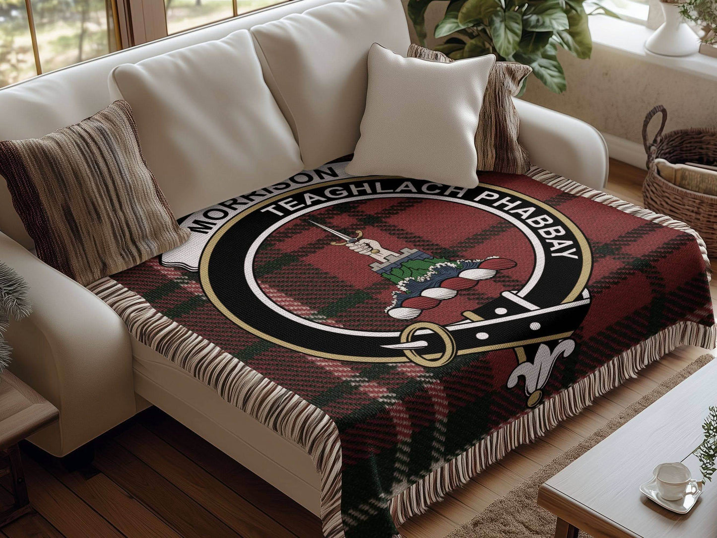 Morrison Clan Crest Tartan Scottish Woven Blanket - Celtic Ancestry Gifts