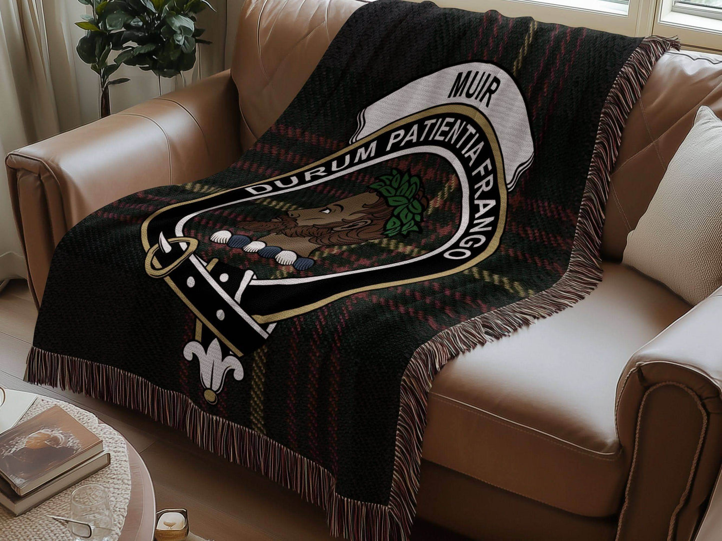 Muir Clan Crest Tartan Scottish Heritage Woven Blanket - Celtic Ancestry Gifts