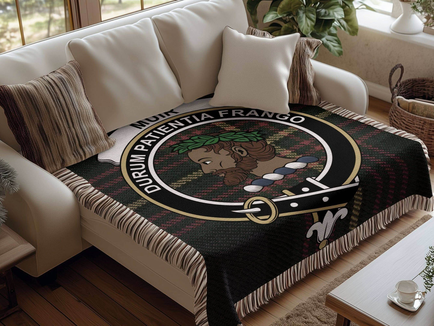 Muir Clan Crest Tartan Scottish Heritage Woven Blanket - Celtic Ancestry Gifts