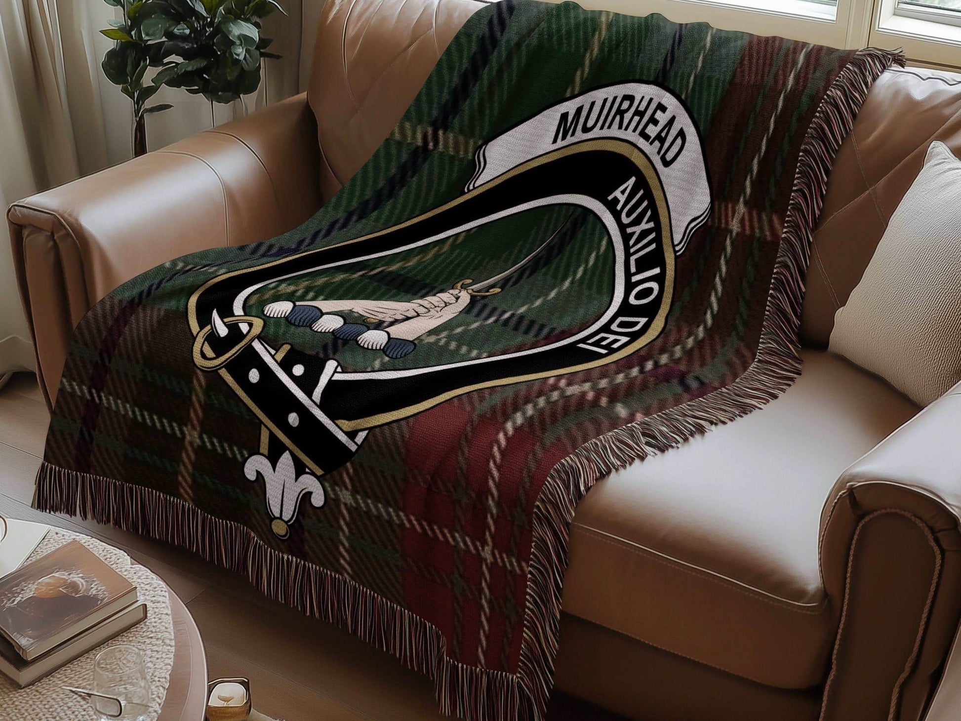 Muirhead Clan Crest Tartan Scottish Woven Blanket - Celtic Ancestry Gifts