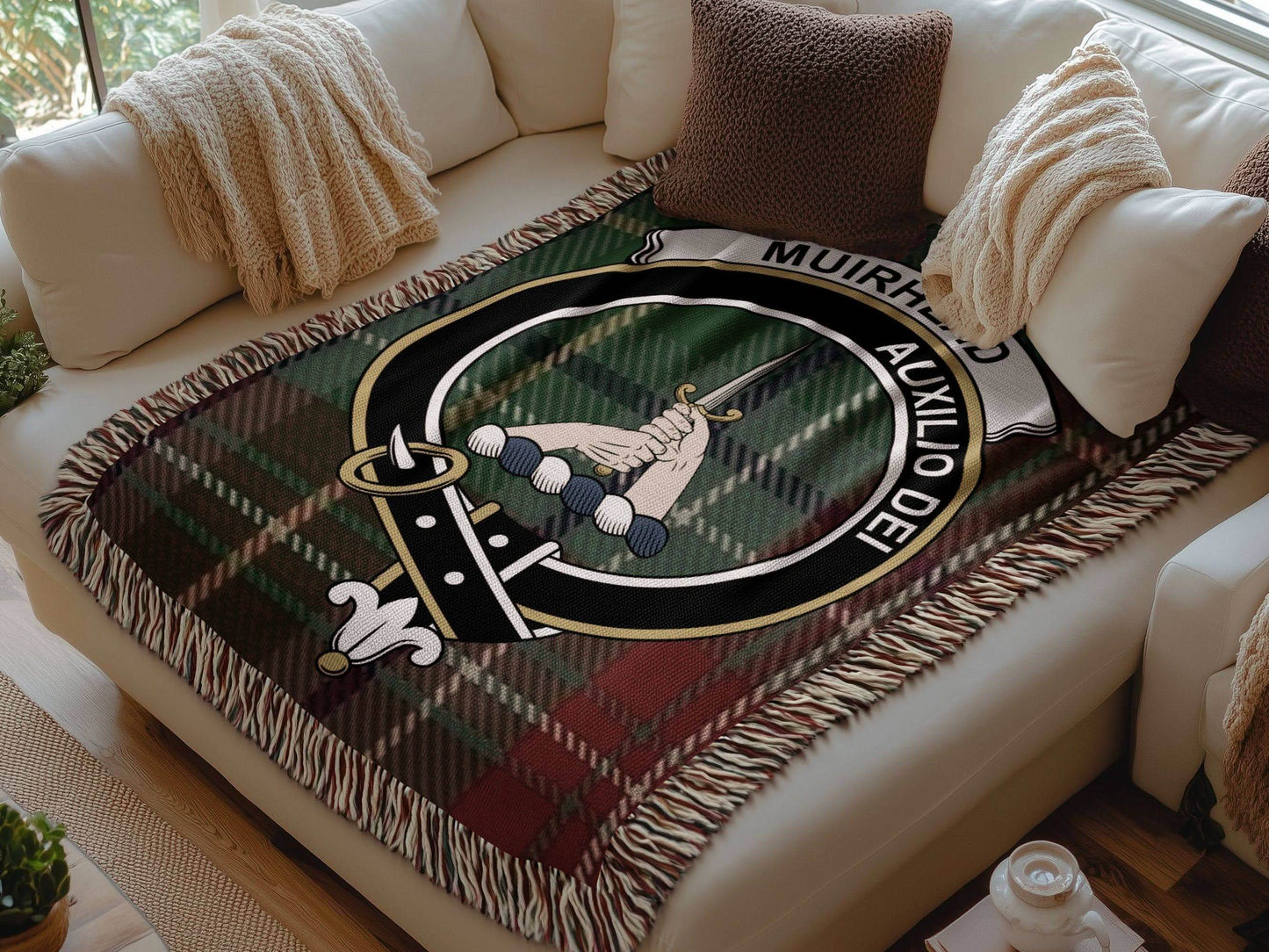 Muirhead Clan Crest Tartan Scottish Woven Blanket - Celtic Ancestry Gifts