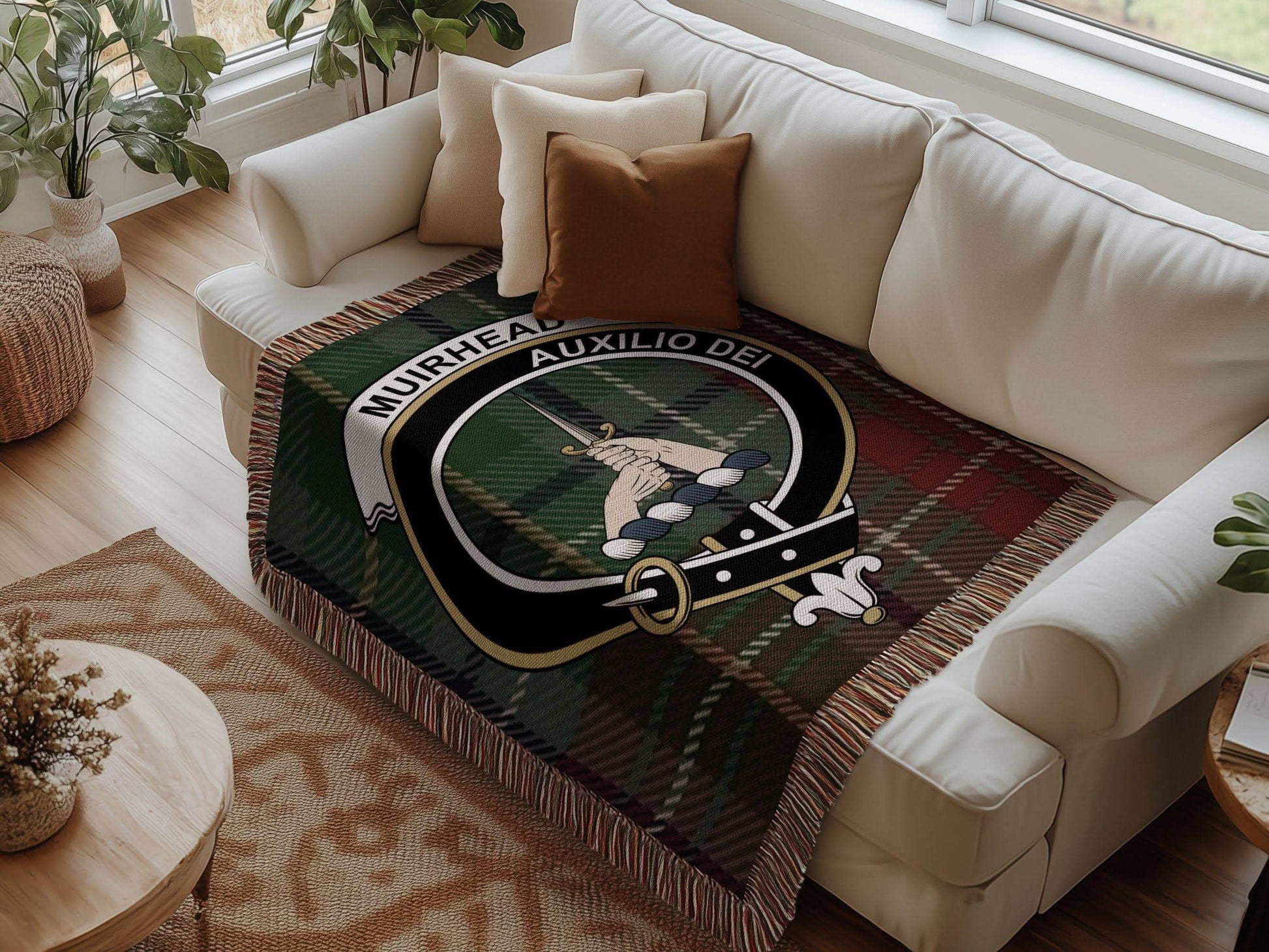 Muirhead Clan Crest Tartan Scottish Woven Blanket - Celtic Ancestry Gifts