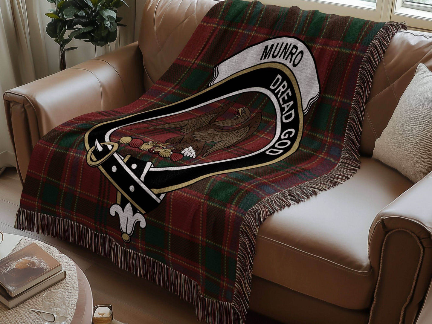 Munro Clan Crest Tartan Plaid Scottish Woven Blanket - Celtic Ancestry Gifts