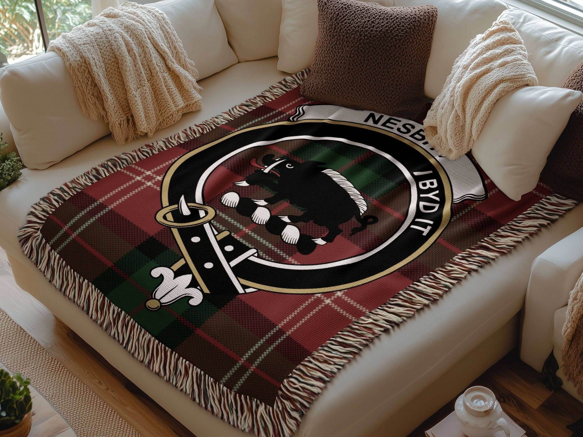 Nesbitt Clan Crest Tartan Scottish Woven Blanket - Celtic Ancestry Gifts