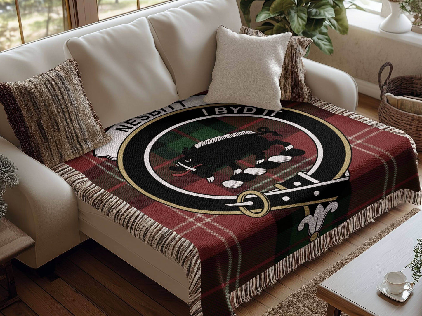 Nesbitt Clan Crest Tartan Scottish Woven Blanket - Celtic Ancestry Gifts