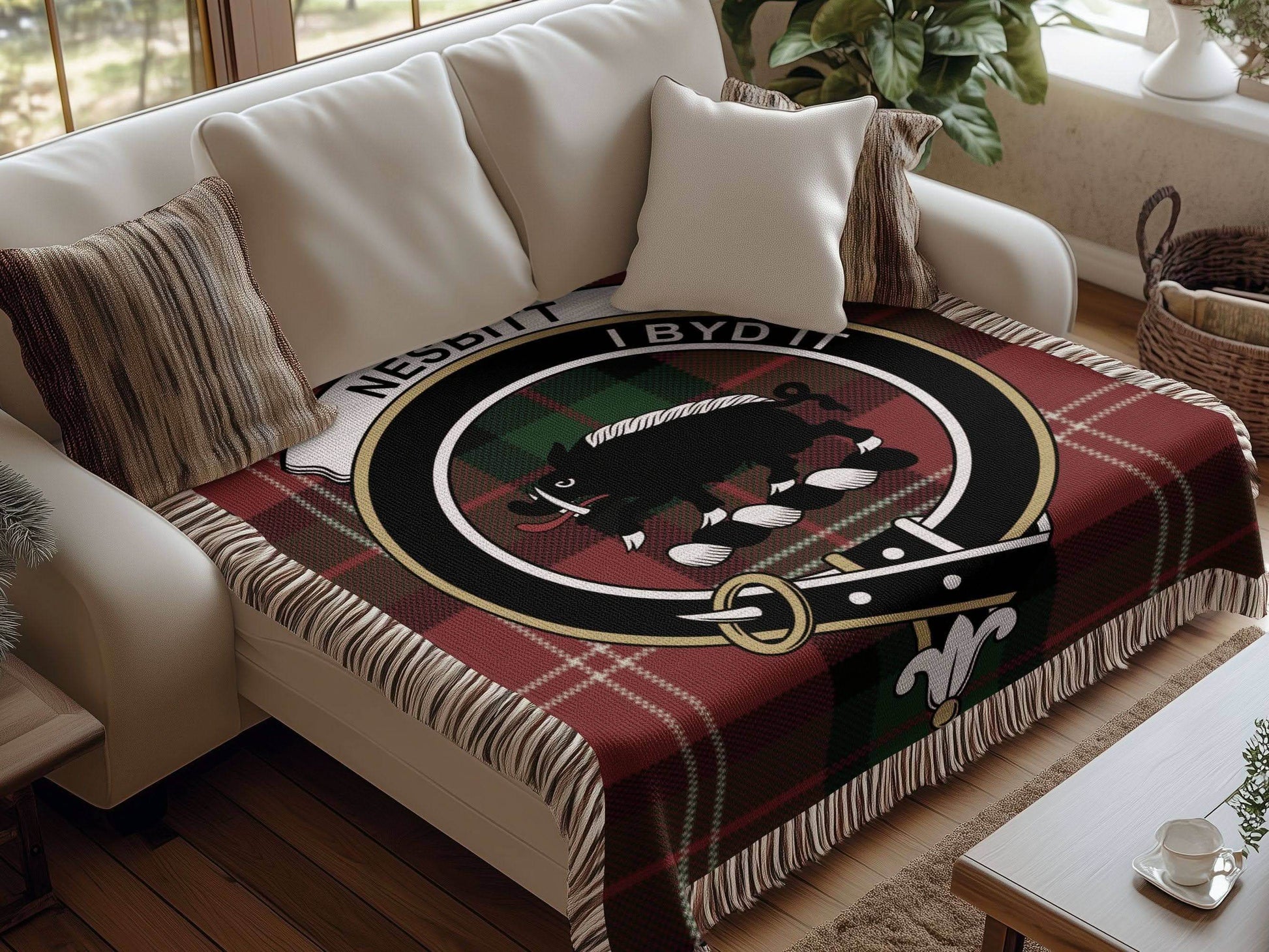 Nesbitt Clan Crest Tartan Scottish Woven Blanket - Celtic Ancestry Gifts