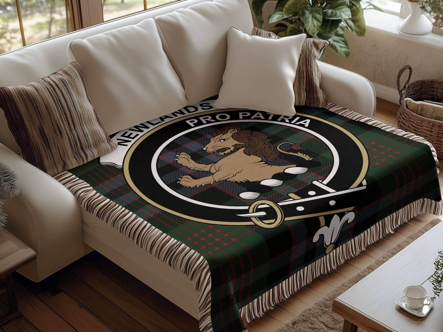 Newlands Clan Crest Tartan Scottish Woven Blanket - Celtic Ancestry Gifts