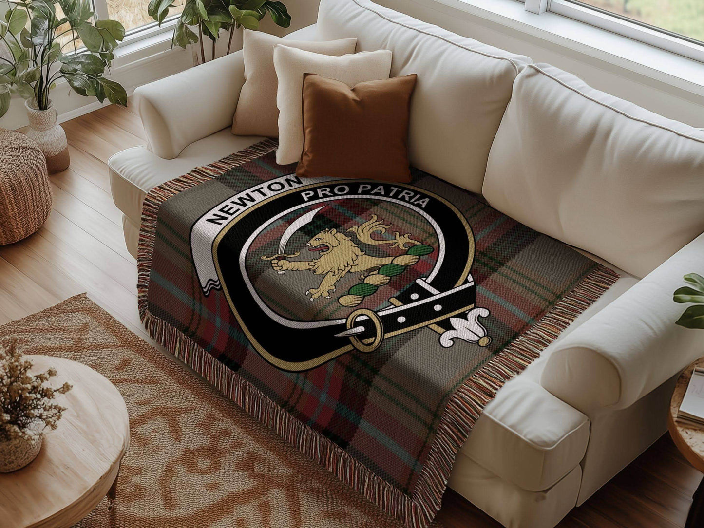 Newton Clan Crest Tartan Scottish Woven Blanket - Celtic Ancestry Gifts