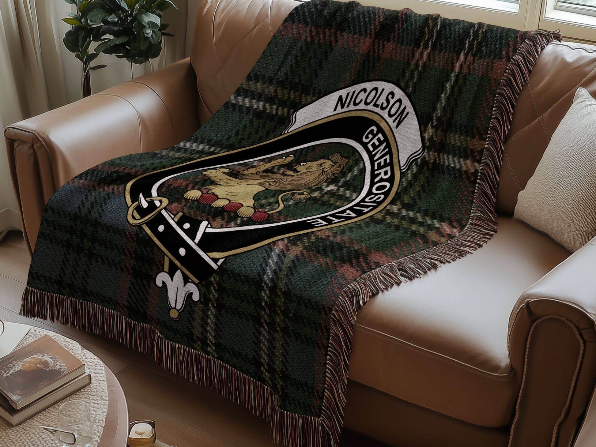 Nicolson Clan Crest Tartan Scottish Woven Blanket - Celtic Ancestry Gifts