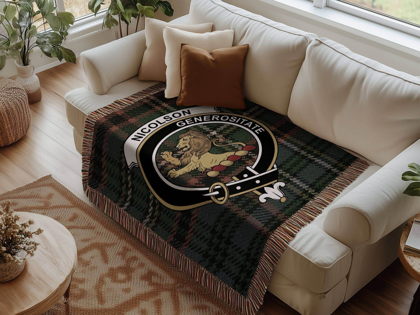 Nicolson Clan Crest Tartan Scottish Woven Blanket - Celtic Ancestry Gifts