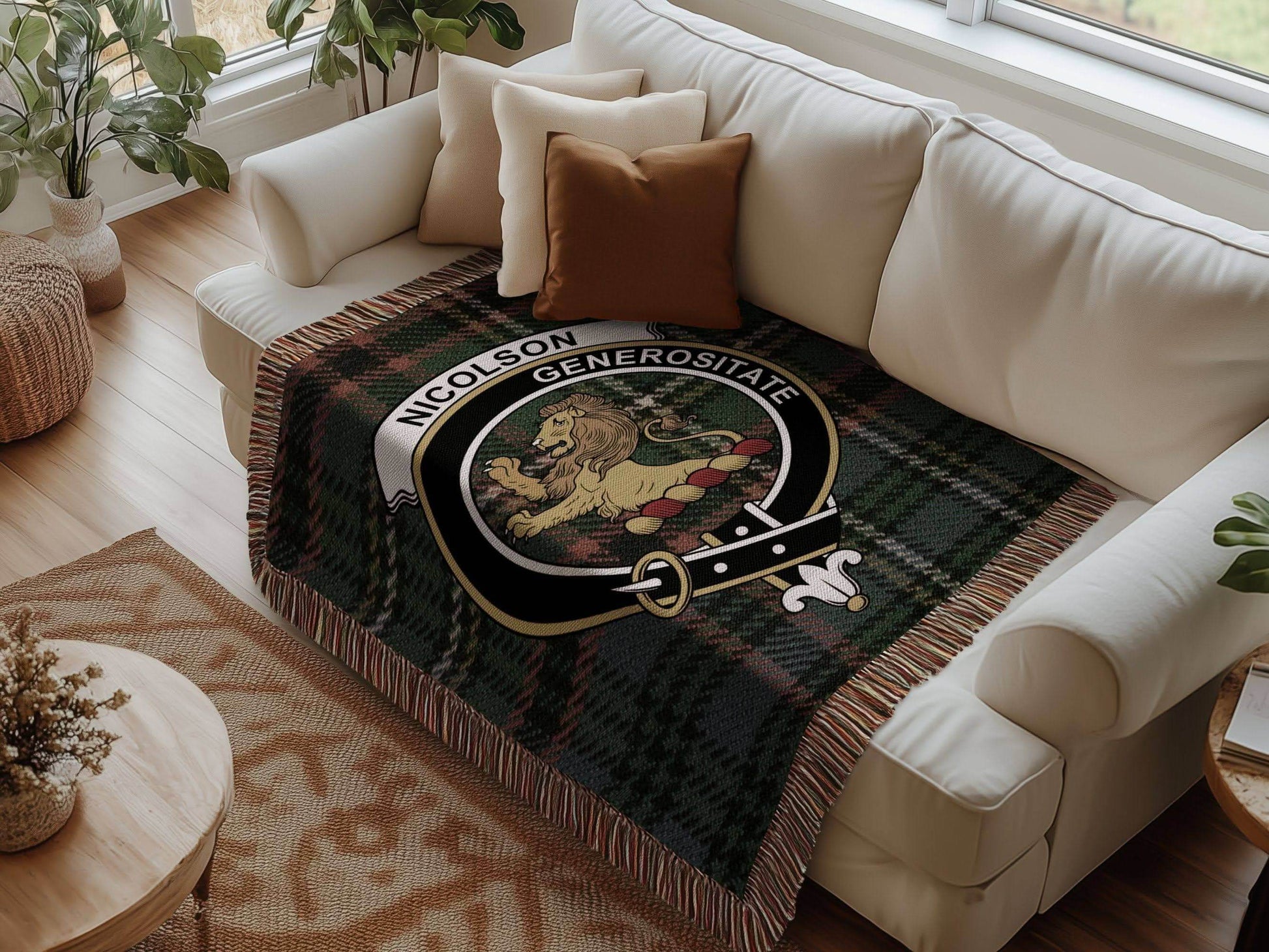 Nicolson Clan Crest Tartan Scottish Woven Blanket - Celtic Ancestry Gifts