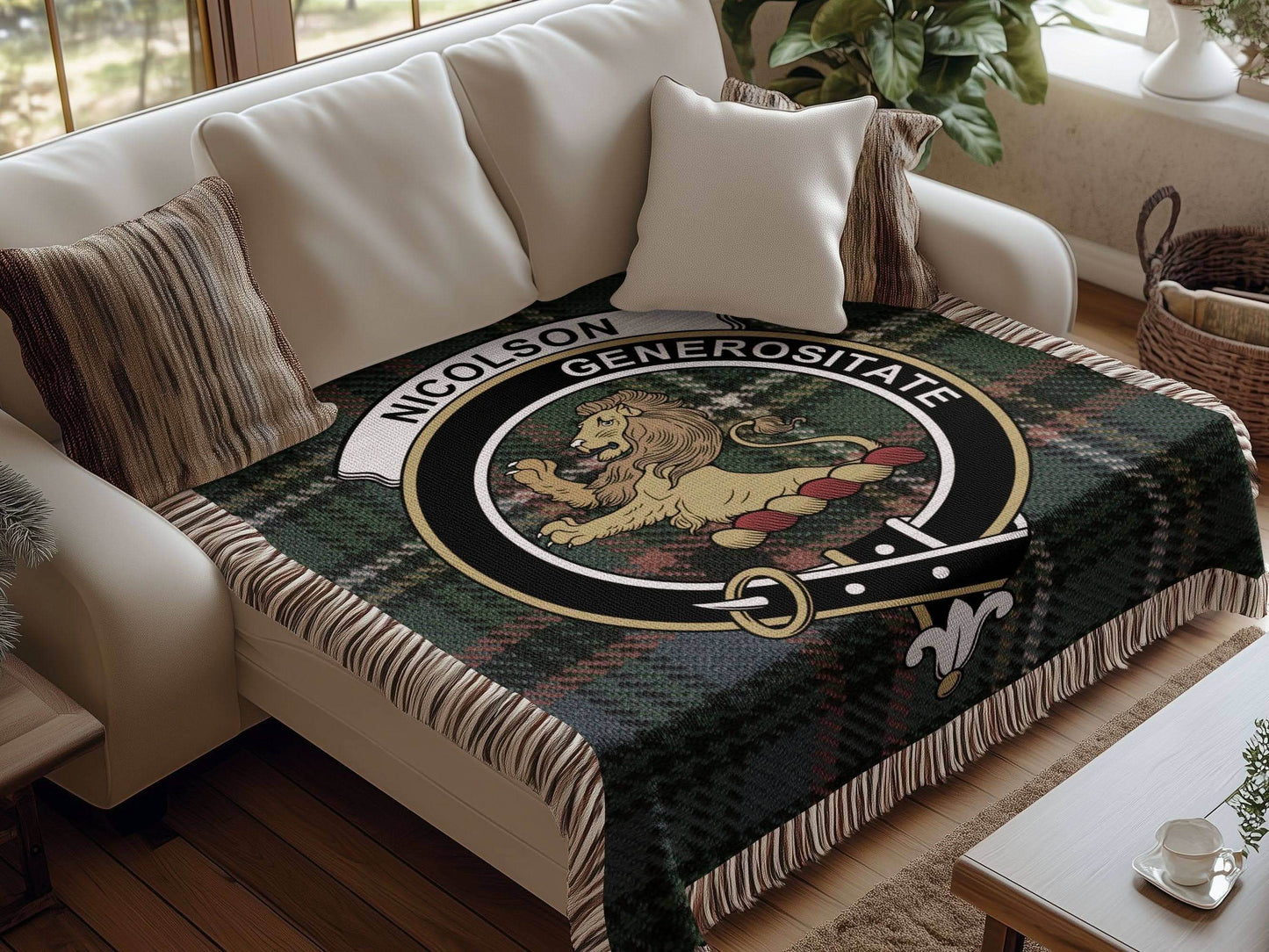 Nicolson Clan Crest Tartan Scottish Woven Blanket - Celtic Ancestry Gifts