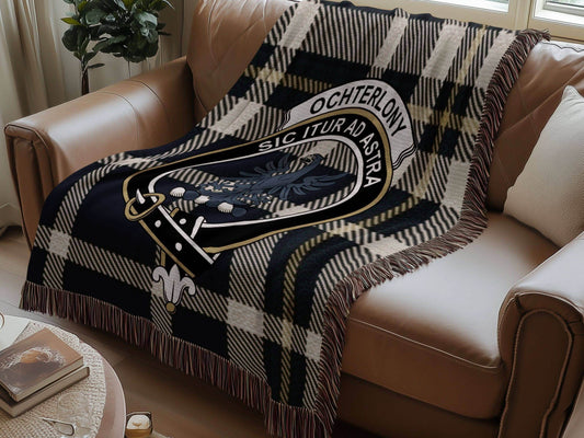 Ochterlony Clan Crest Tartan Scottish Woven Blanket - Celtic Ancestry Gifts