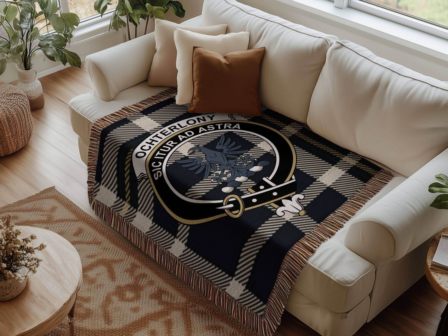 Ochterlony Clan Crest Tartan Scottish Woven Blanket - Celtic Ancestry Gifts