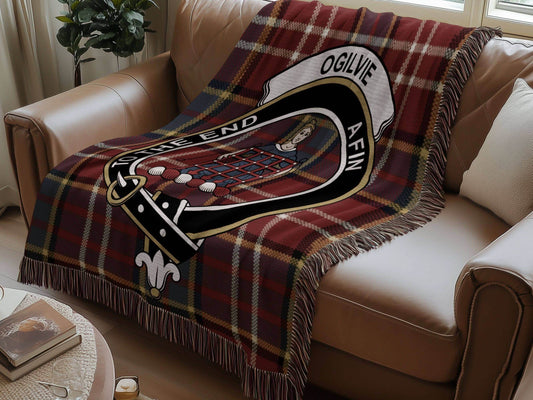 Ogilvie Clan Crest Tartan Scottish Woven Blanket - Celtic Ancestry Gifts