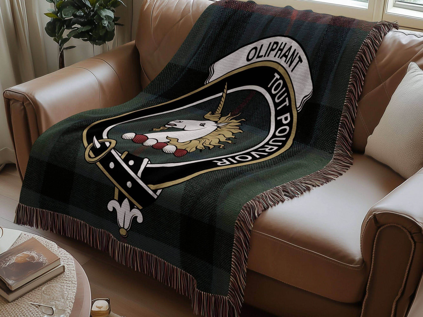 Oliphant Clan Crest Tartan Scottish Woven Blanket - Celtic Ancestry Gifts