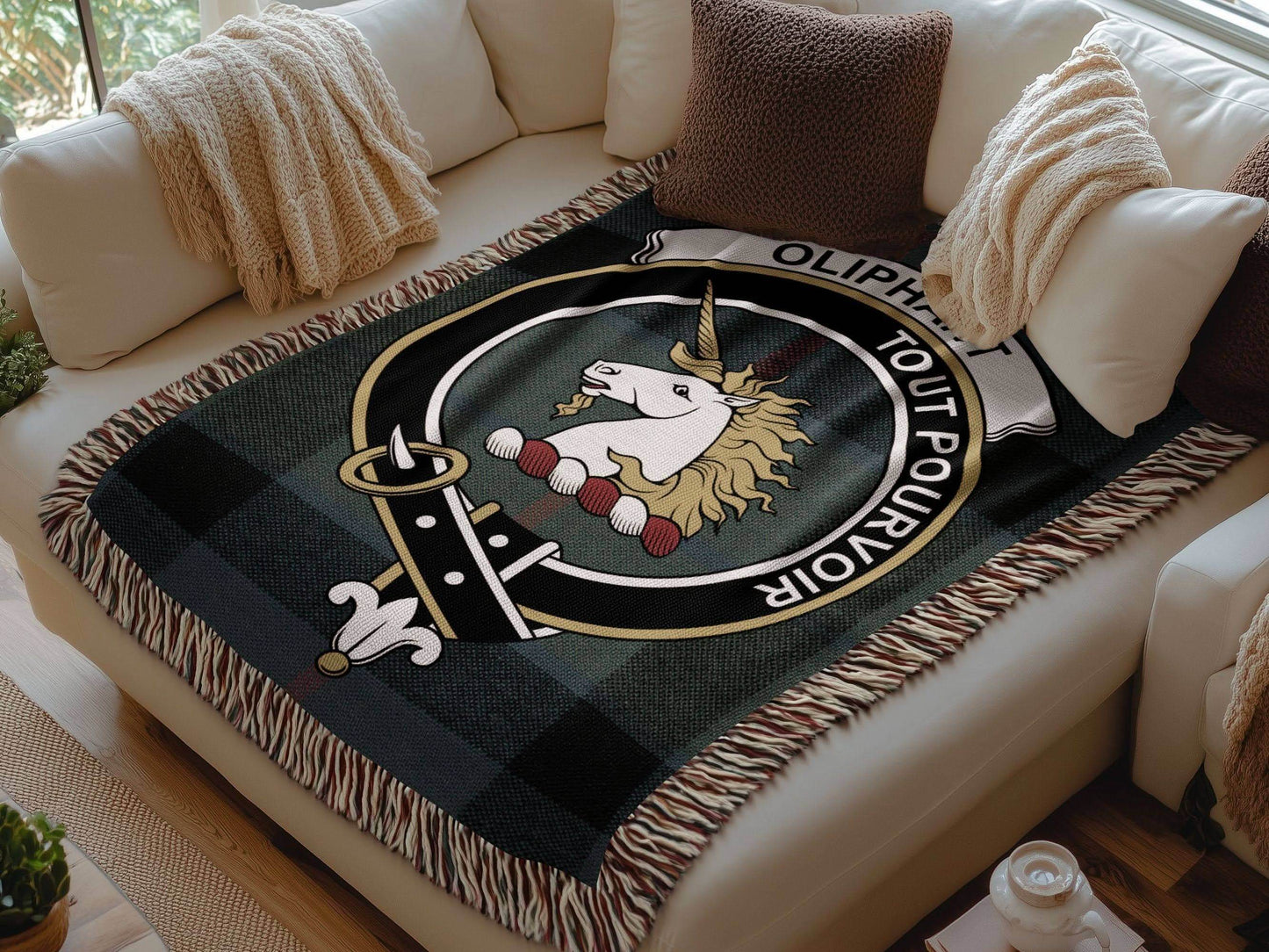 Oliphant Clan Crest Tartan Scottish Woven Blanket - Celtic Ancestry Gifts
