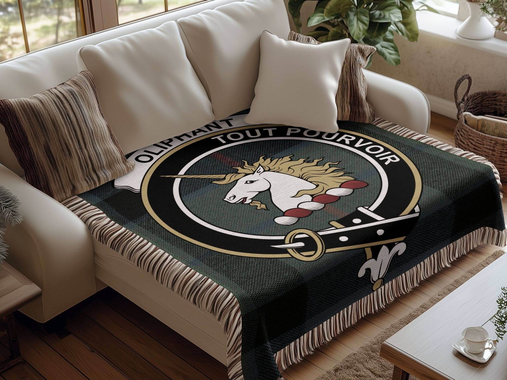 Oliphant Clan Crest Tartan Scottish Woven Blanket - Celtic Ancestry Gifts