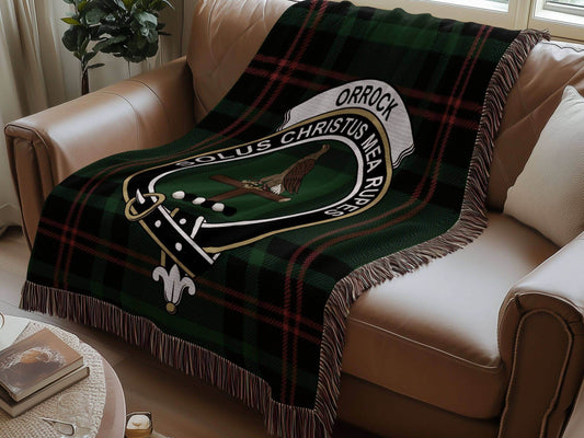 Orrock Clan Crest Tartan Scottish Woven Blanket - Celtic Ancestry Gifts