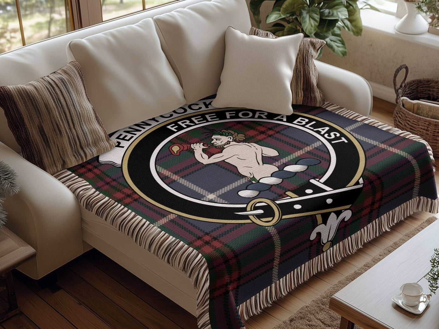 Pennycock Clan Crest Tartan Scottish Woven Blanket - Celtic Ancestry Gifts