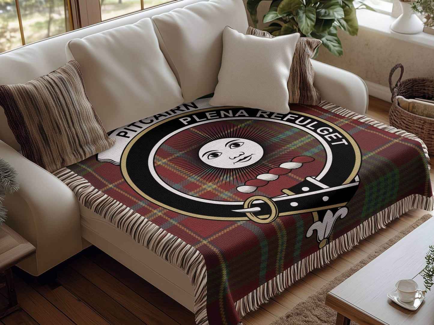 Pitcairn Clan Crest Tartan Scottish Woven Blanket - Celtic Ancestry Gifts