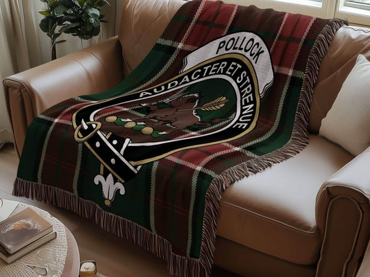 Pollock Clan Crest Tartan Scottish Heritage Woven Blanket - Celtic Ancestry Gifts