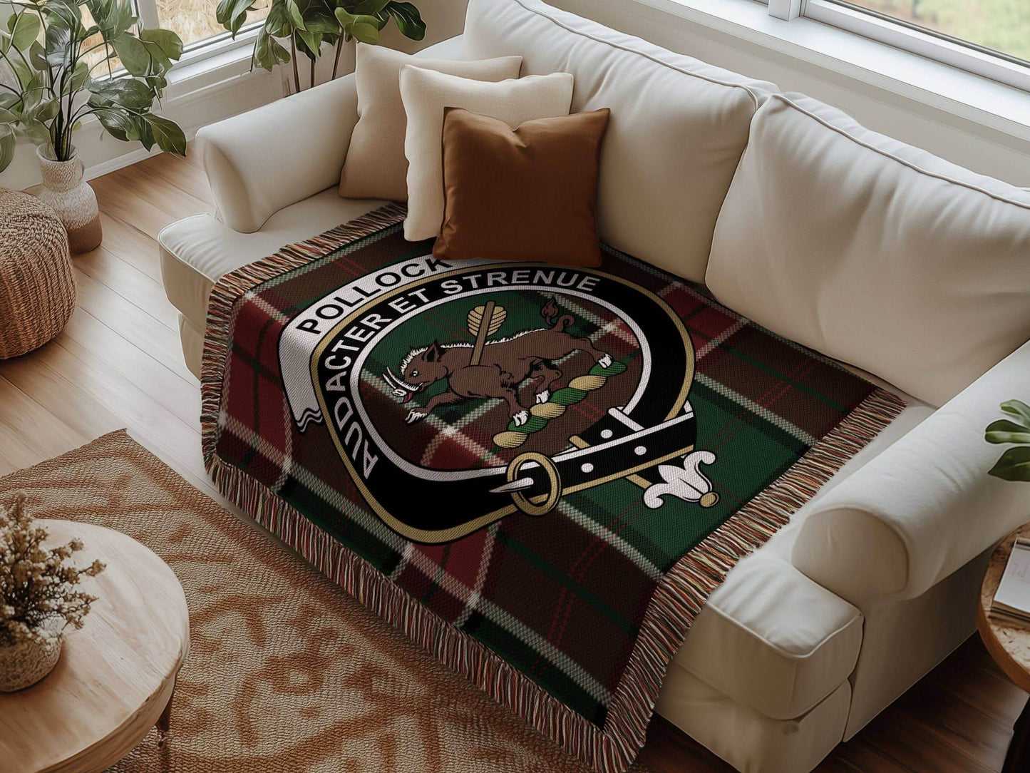 Pollock Clan Crest Tartan Scottish Heritage Woven Blanket - Celtic Ancestry Gifts