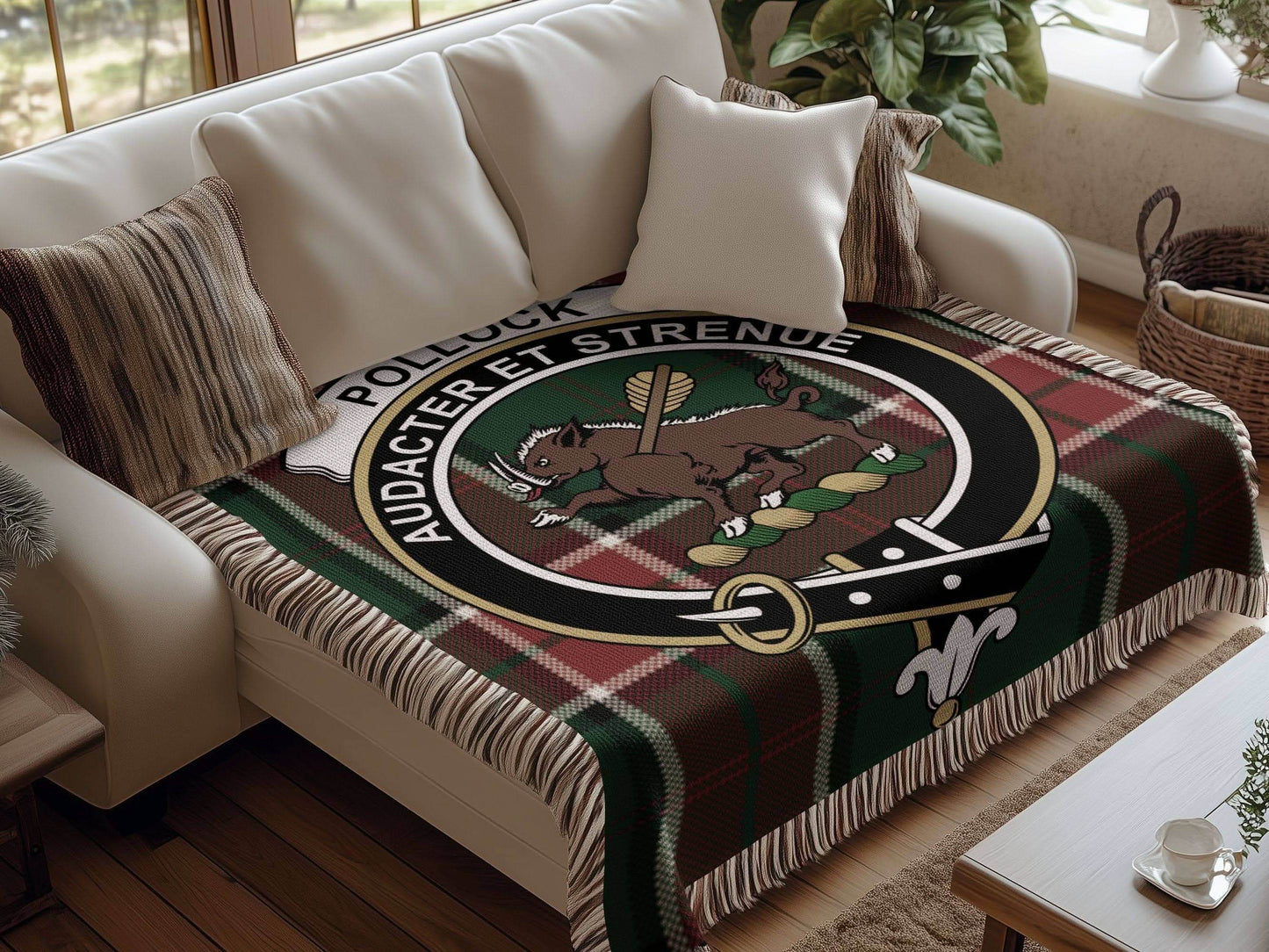 Pollock Clan Crest Tartan Scottish Heritage Woven Blanket - Celtic Ancestry Gifts