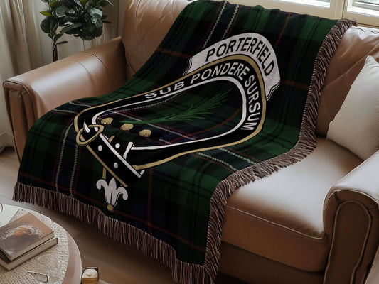 Porterfield Clan Crest Tartan Scottish Woven Blanket - Celtic Ancestry Gifts