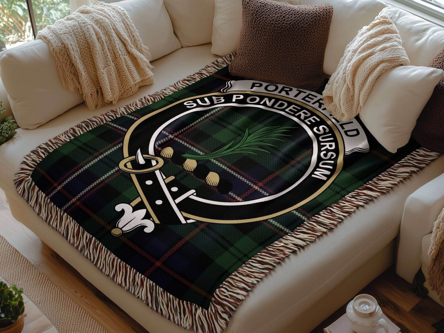 Porterfield Clan Crest Tartan Scottish Woven Blanket - Celtic Ancestry Gifts