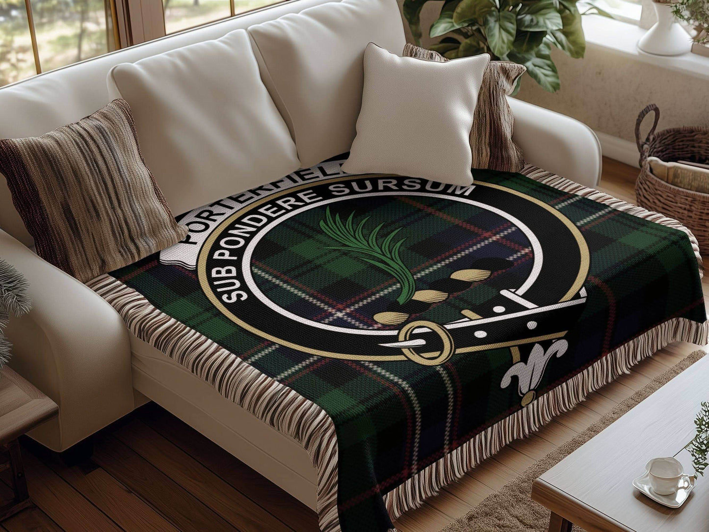 Porterfield Clan Crest Tartan Scottish Woven Blanket - Celtic Ancestry Gifts