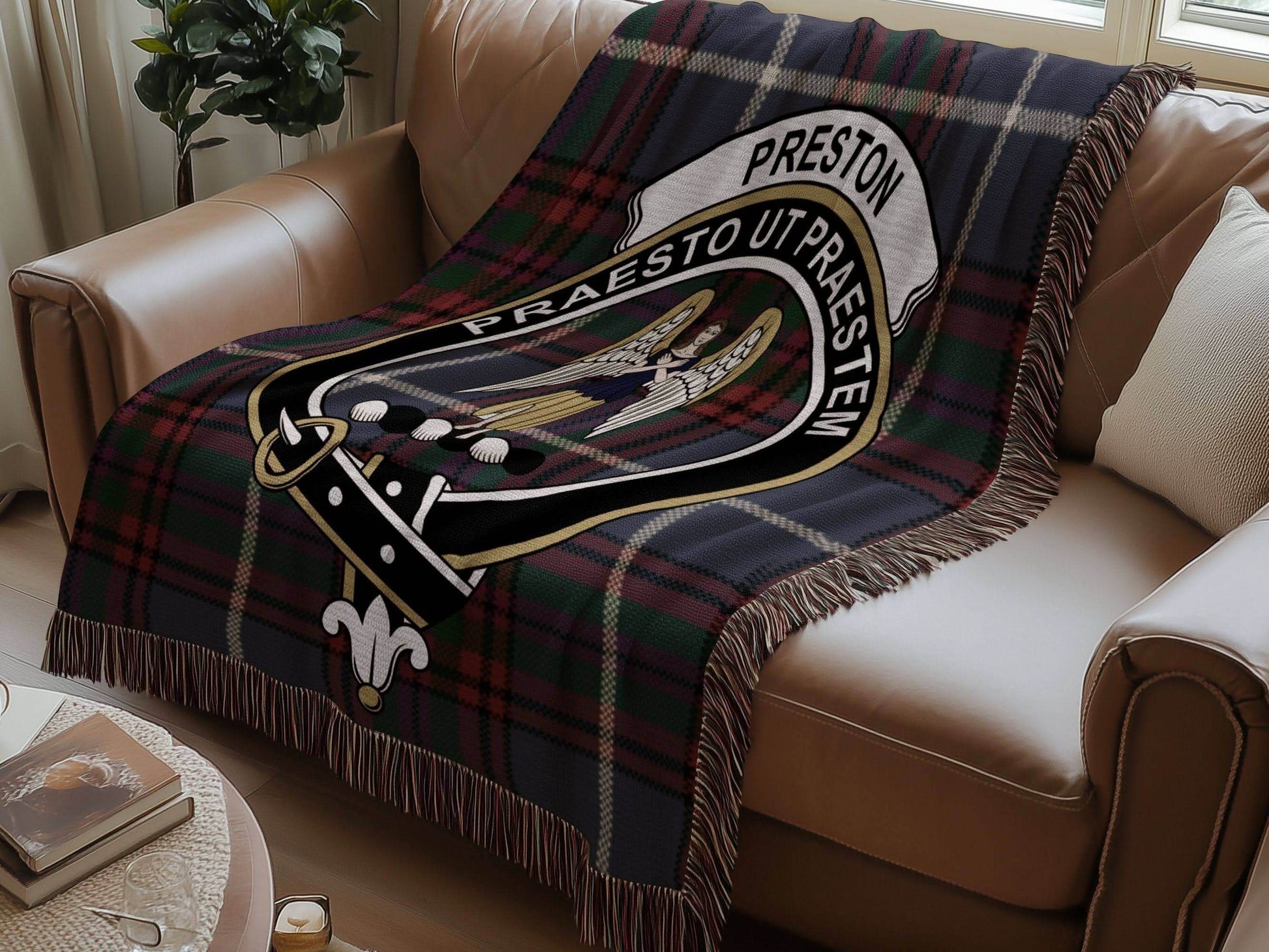 Preston Clan Crest Tartan Scottish woven blanket - Celtic Ancestry Gifts