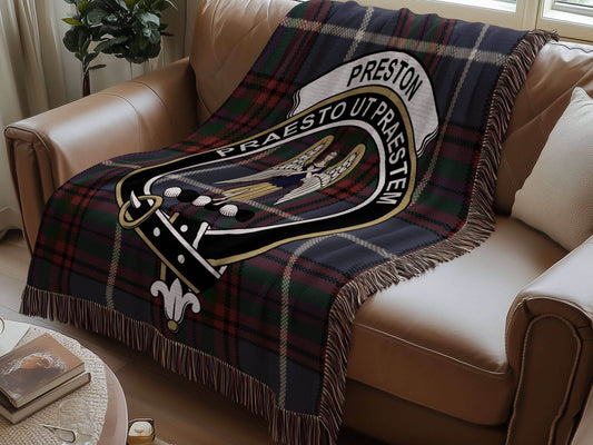 Preston Clan Crest Tartan Scottish woven blanket - Celtic Ancestry Gifts