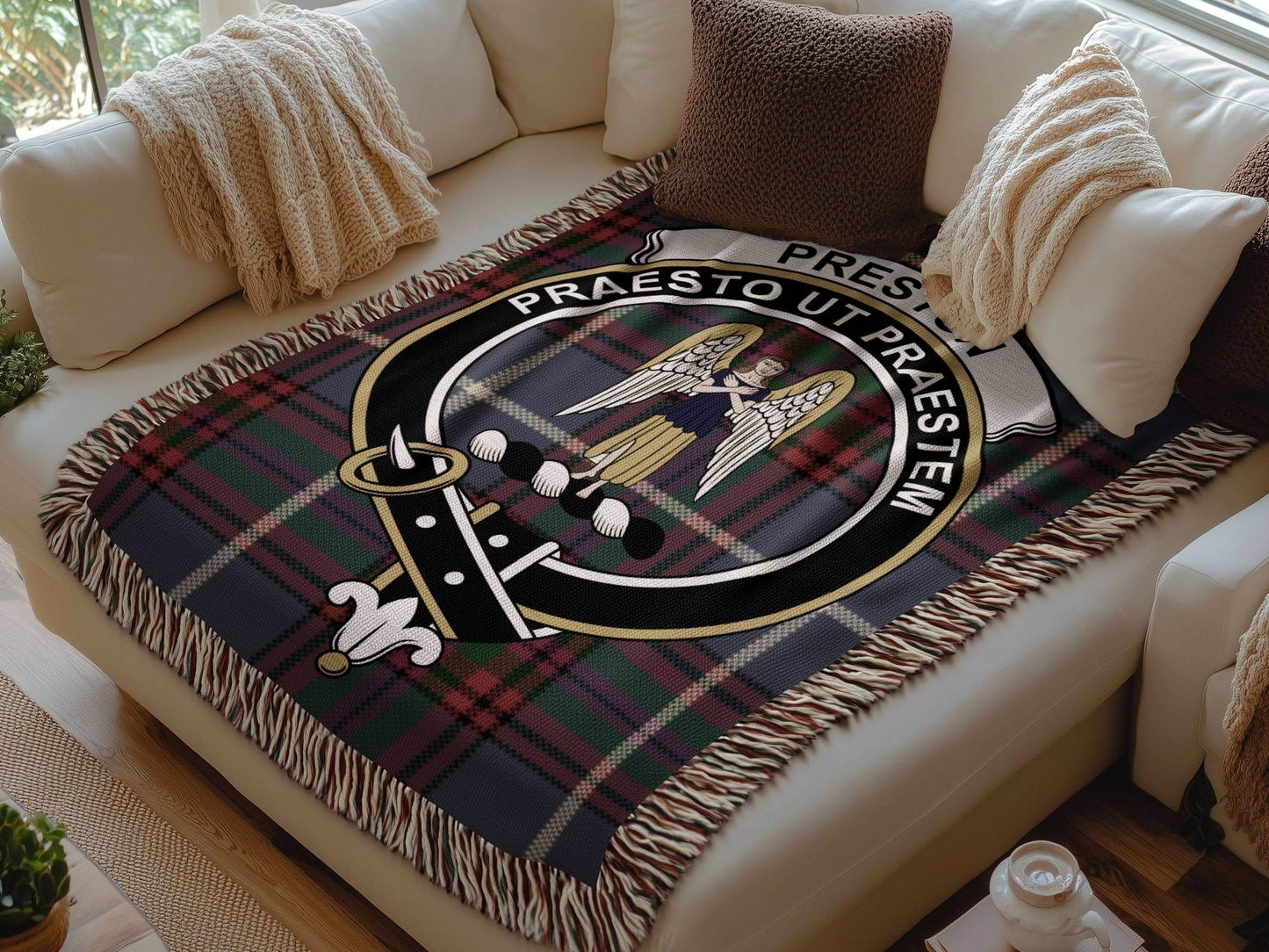 Preston Clan Crest Tartan Scottish woven blanket - Celtic Ancestry Gifts