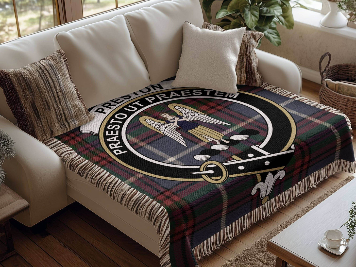 Preston Clan Crest Tartan Scottish woven blanket - Celtic Ancestry Gifts